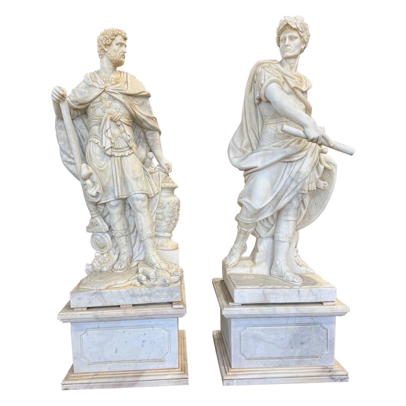 Pair of Monumental Classical Marble Warrior Figures, Late 20th Century