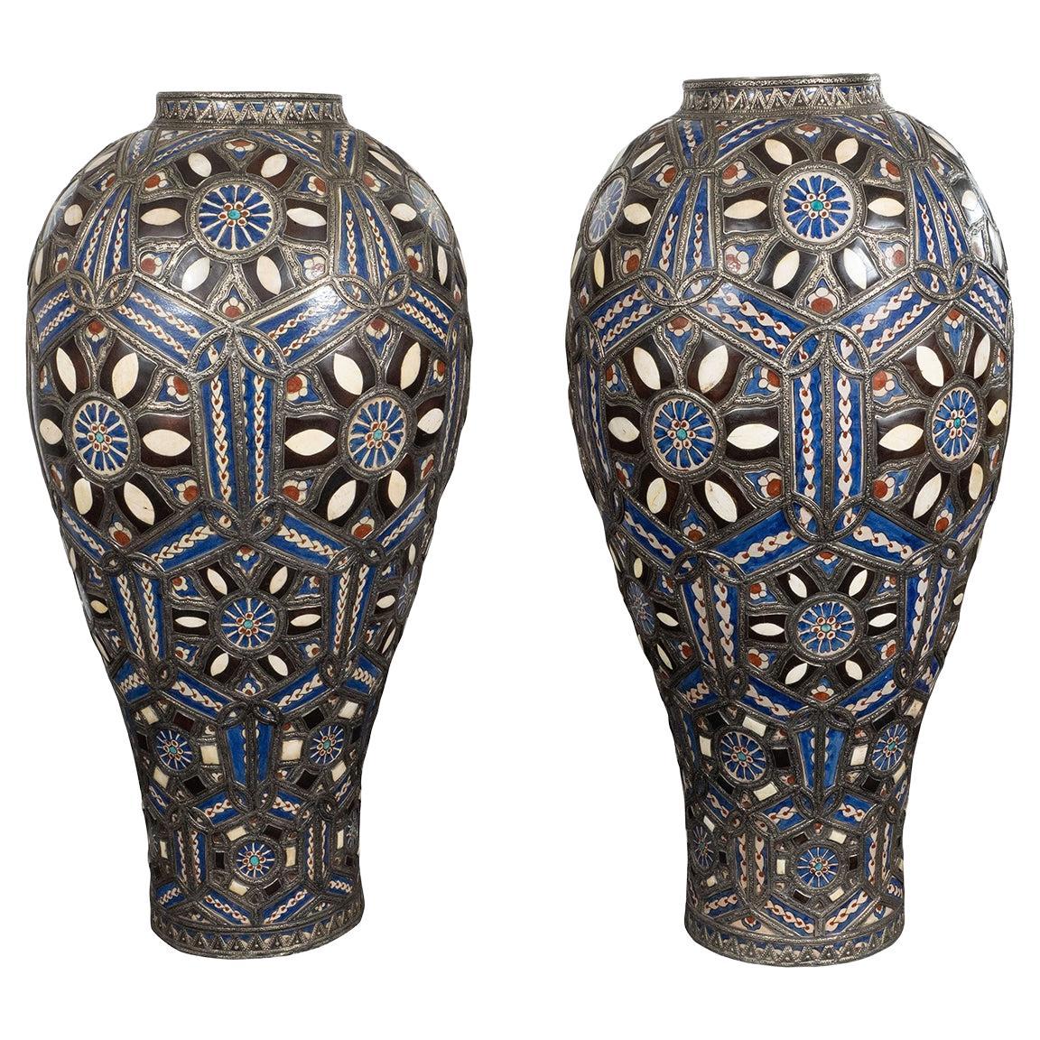 Pair of Monumental, Colorful Moroccan Ceramic Vases For Sale