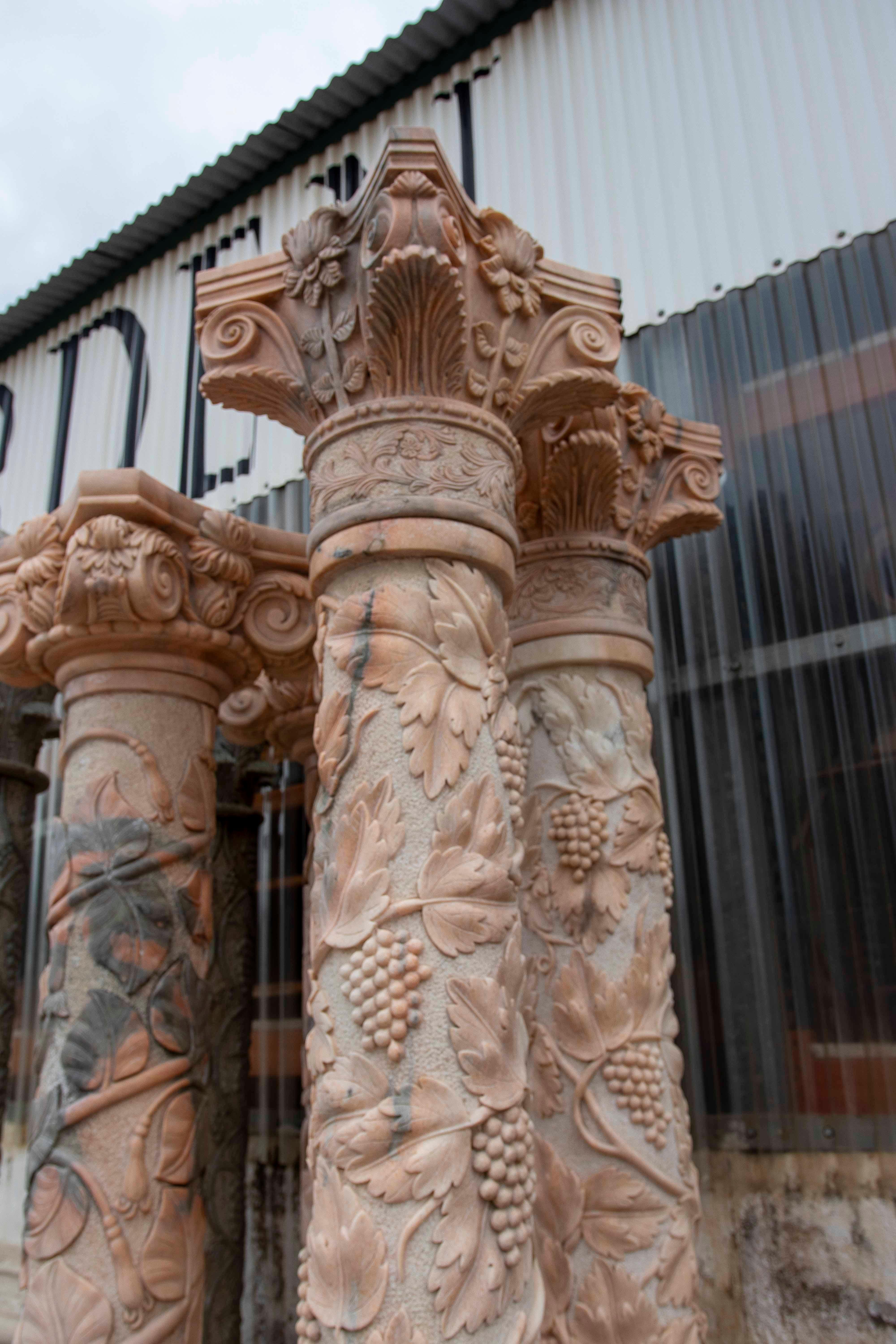 Asian Pair of Monumental Columns in Carved Marble with Vine Motifs, Classical Style For Sale