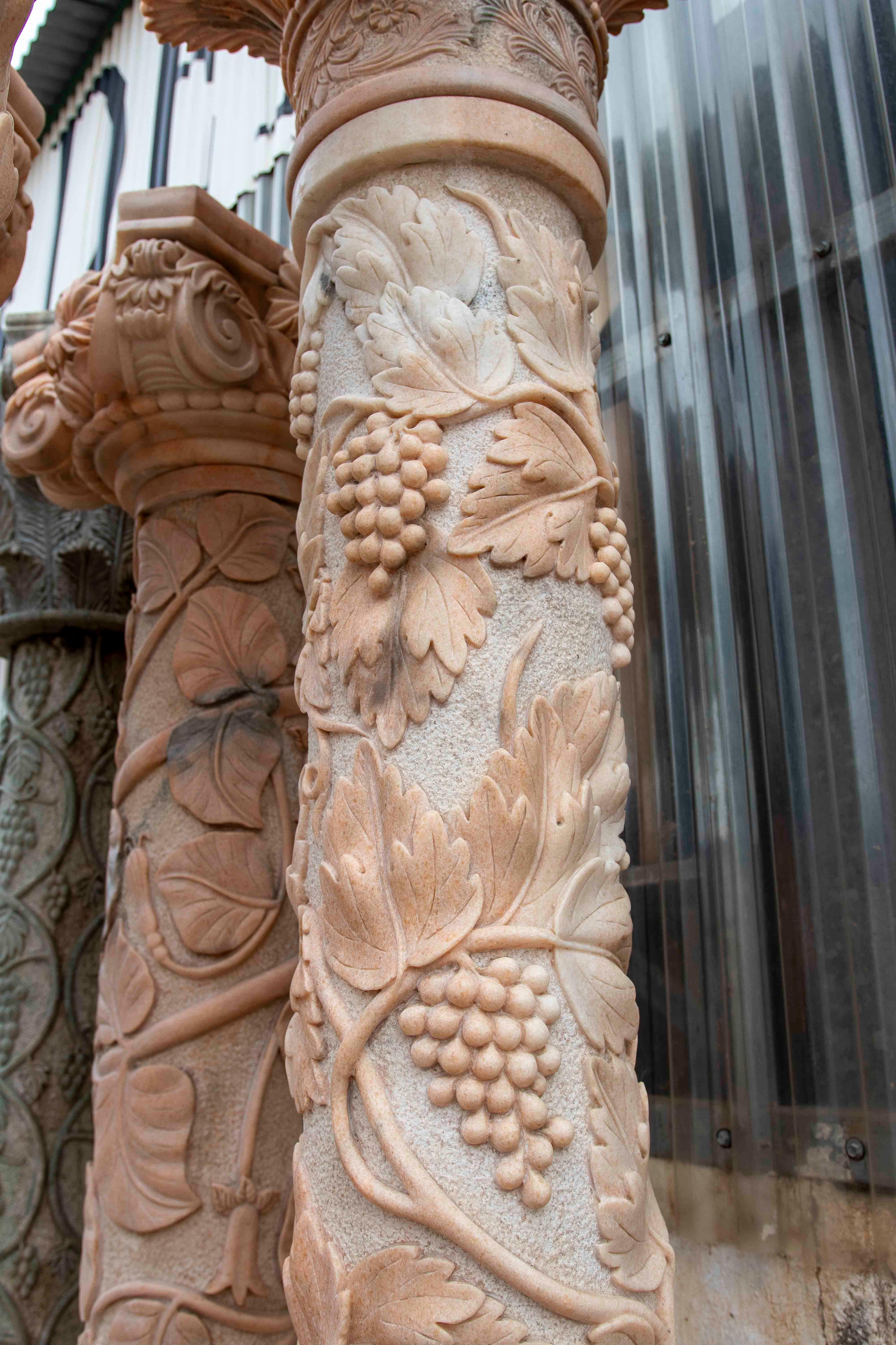 20th Century Pair of Monumental Columns in Carved Marble with Vine Motifs, Classical Style For Sale