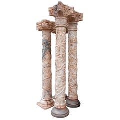 Pair of Monumental Columns in Carved Marble with Vine Motifs, Classical Style