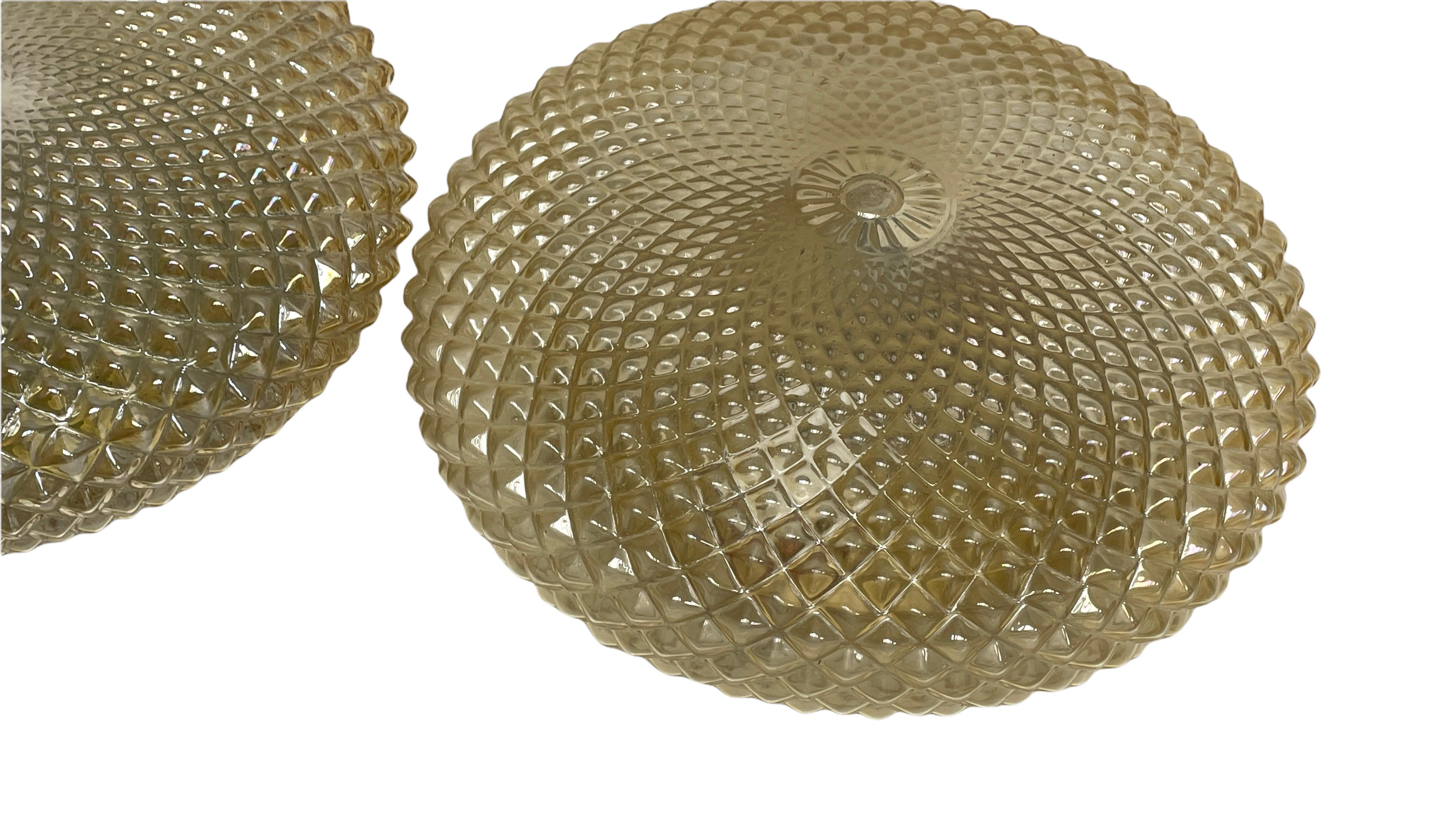 Mid-Century Modern Pair of Monumental Crystal Pattern Glass Flush Mount Ceiling Lights, 1960s For Sale