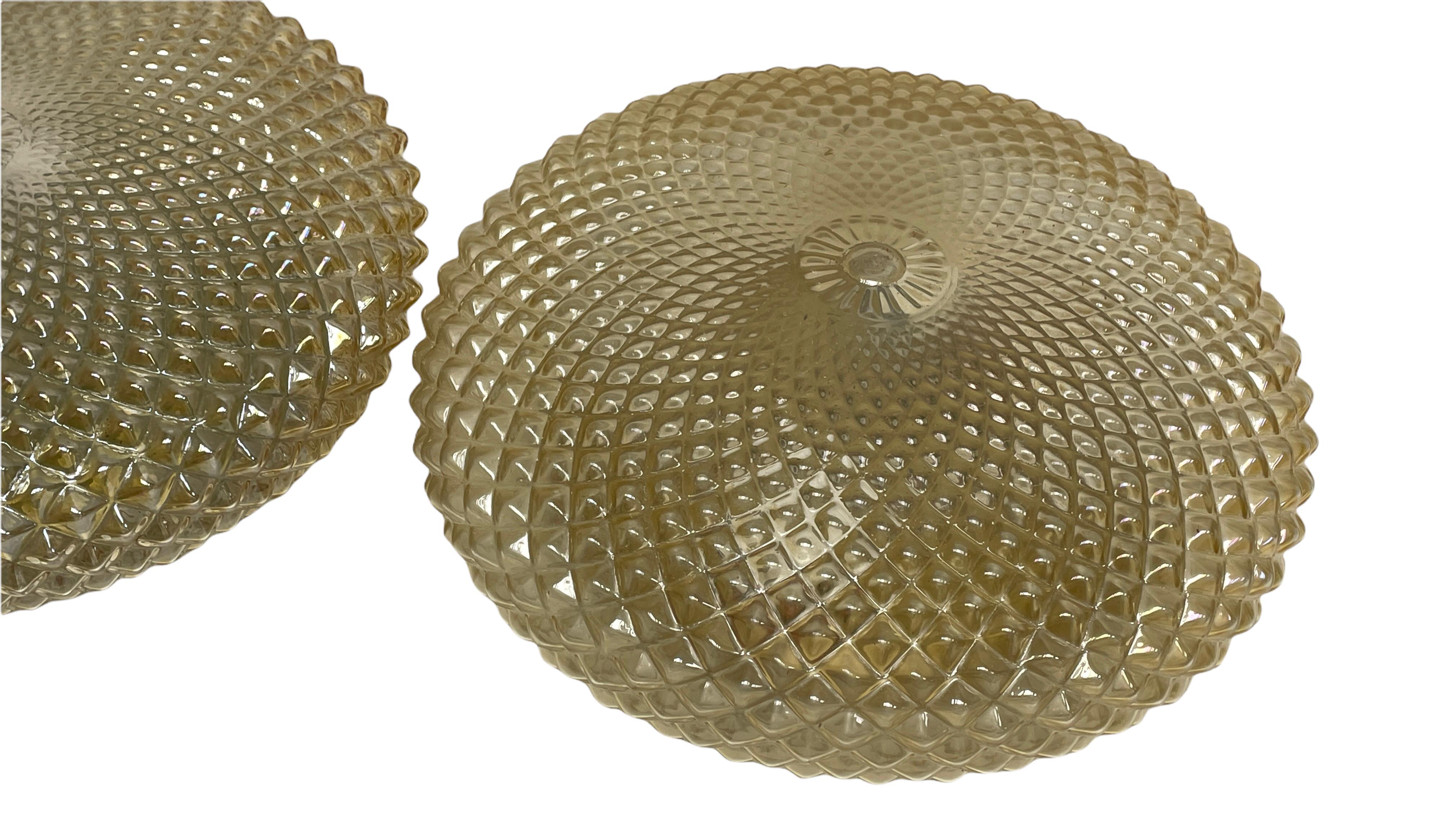 German Pair of Monumental Crystal Pattern Glass Flush Mount Ceiling Lights, 1960s For Sale