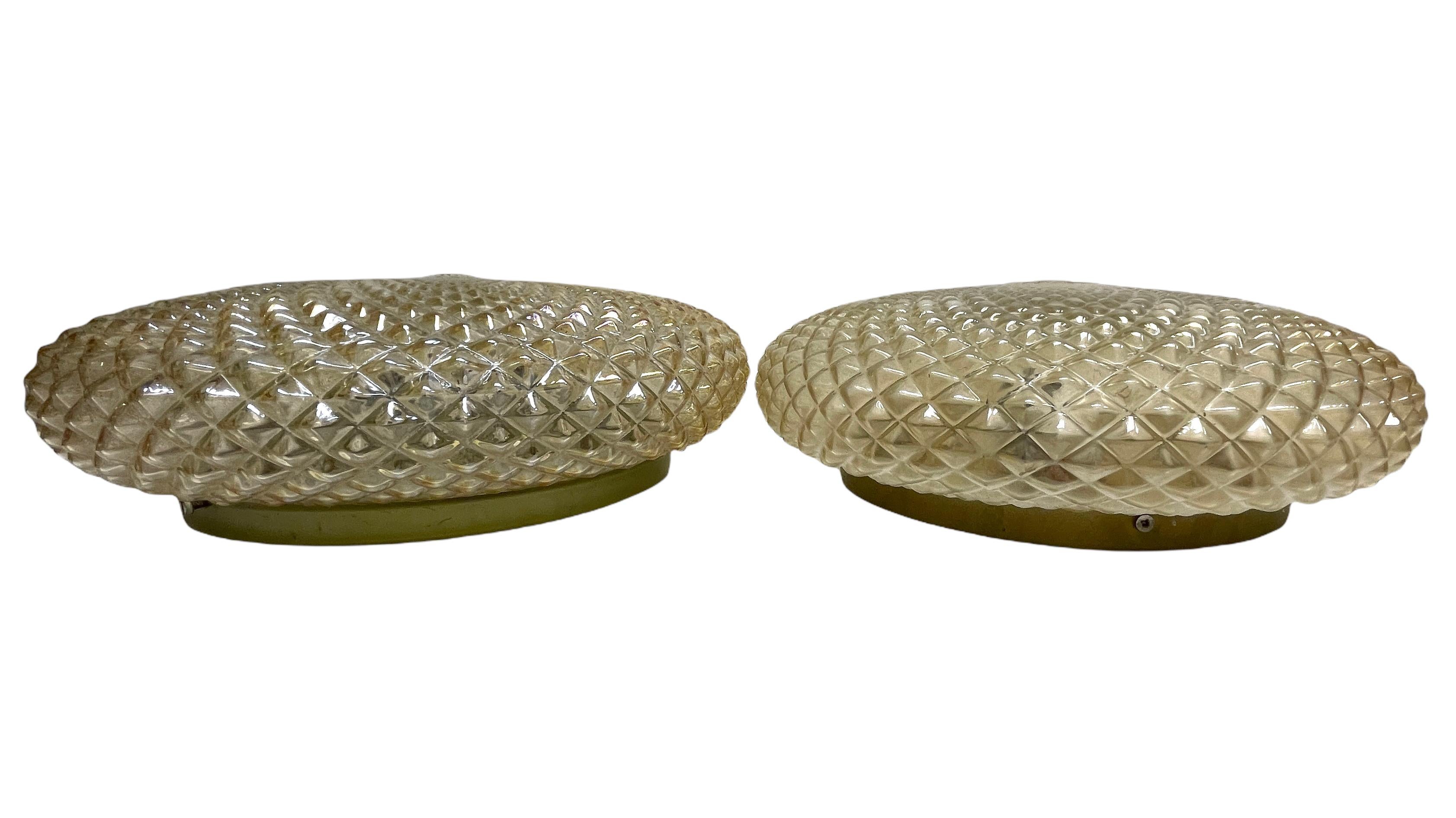 Pair of Monumental Crystal Pattern Glass Flush Mount Ceiling Lights, 1960s In Good Condition For Sale In Nuernberg, DE