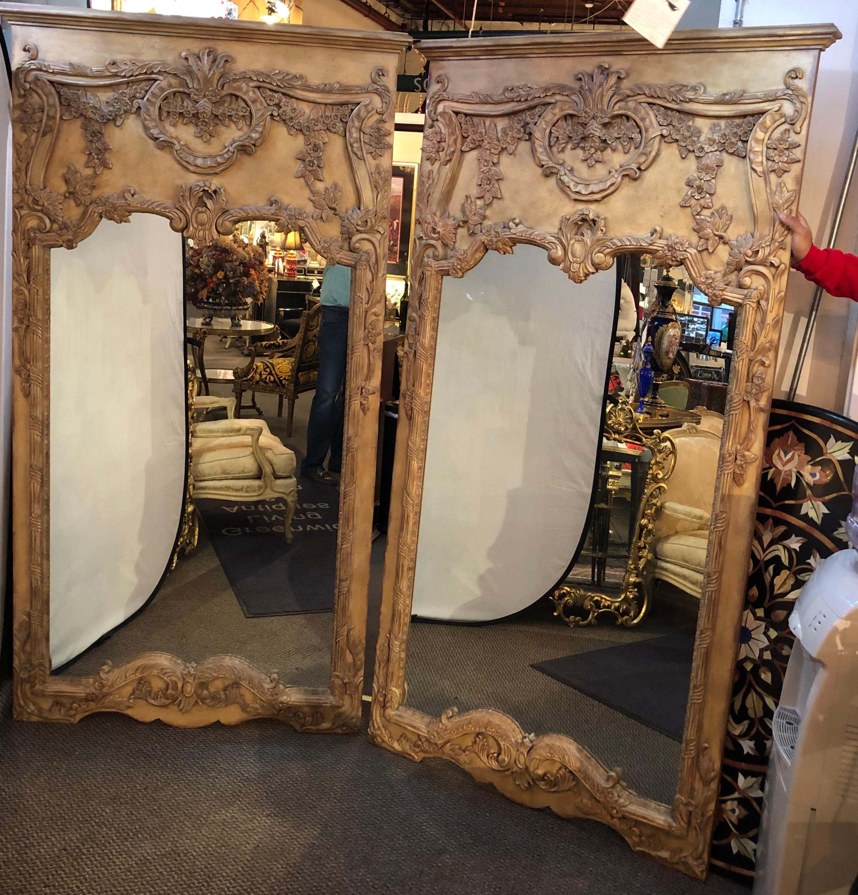 Neoclassical Pair of Monumental Custom Carved Wall Console or Standing Floor Mirrors