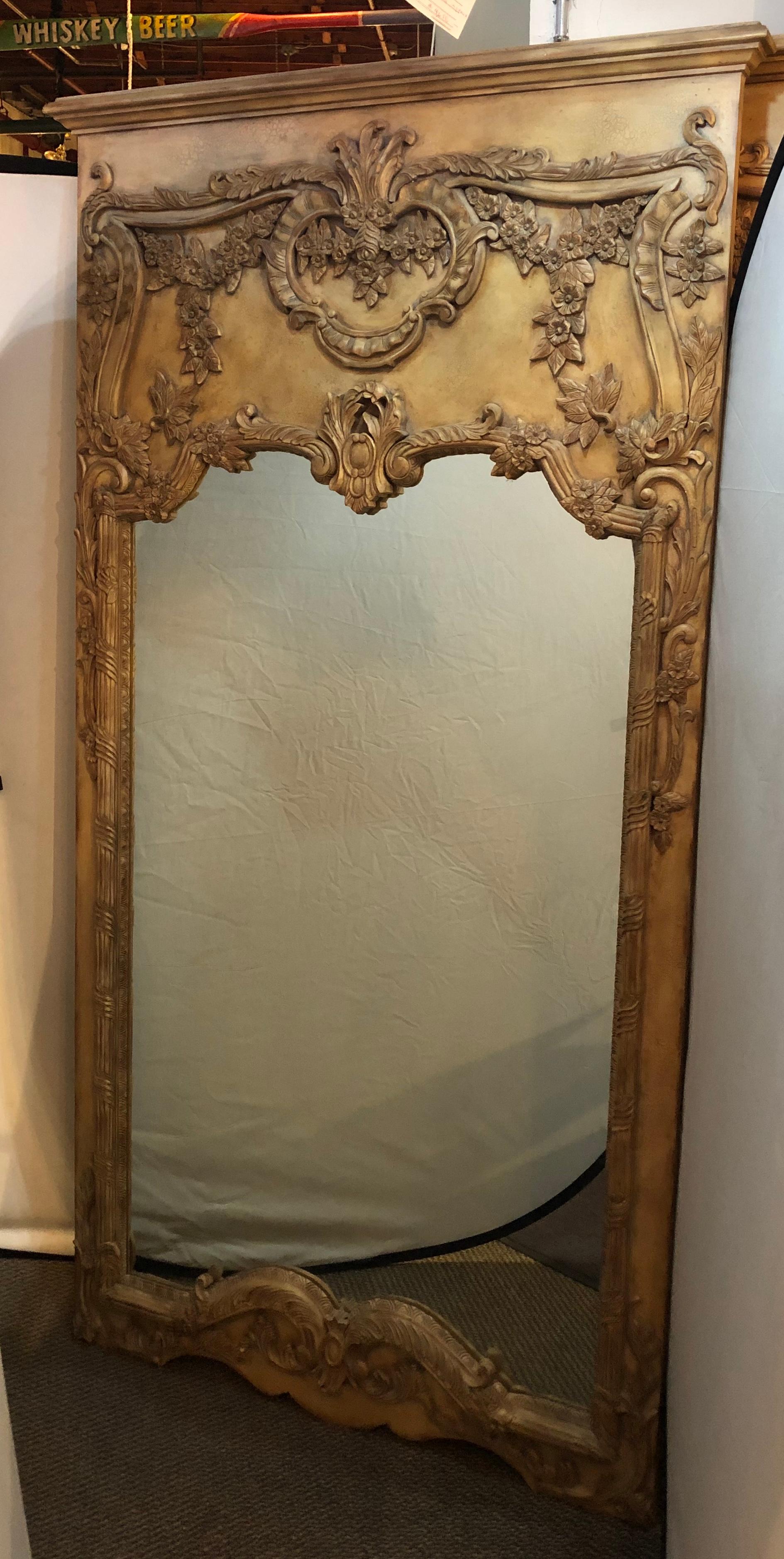 Pair of Monumental Custom Carved Wall Console or Standing Floor Mirrors In Good Condition In Stamford, CT