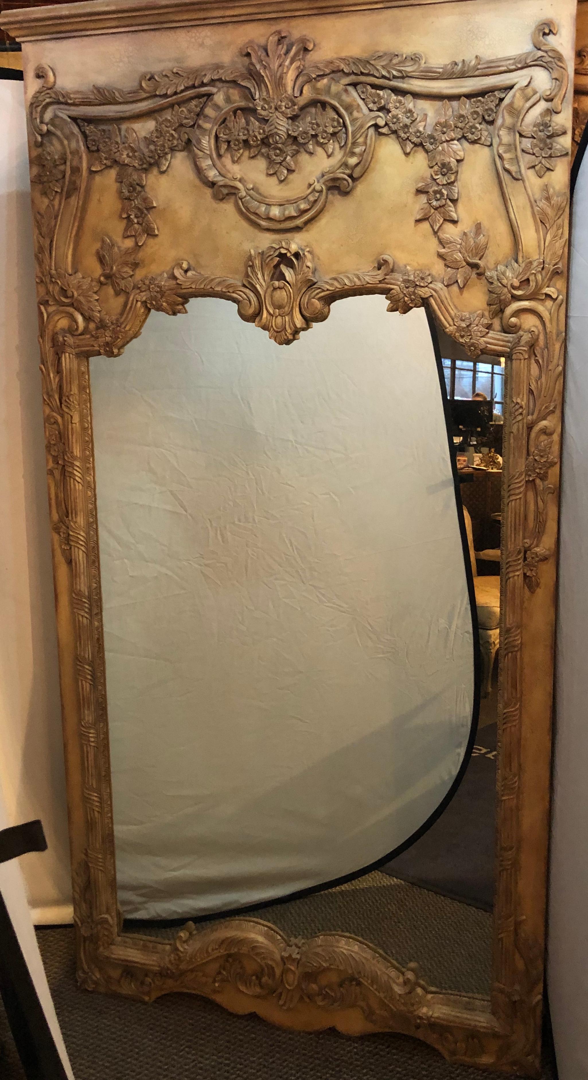 20th Century Pair of Monumental Custom Carved Wall Console or Standing Floor Mirrors