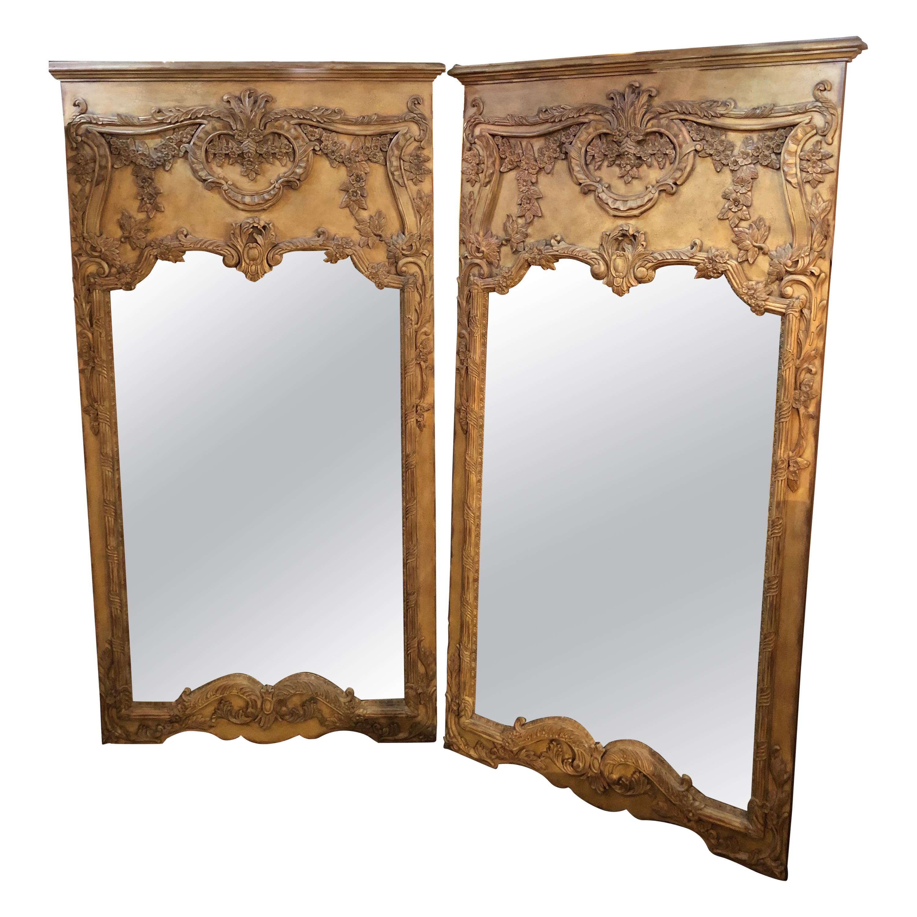 Pair of Monumental Custom Carved Wall Console or Standing Floor Mirrors