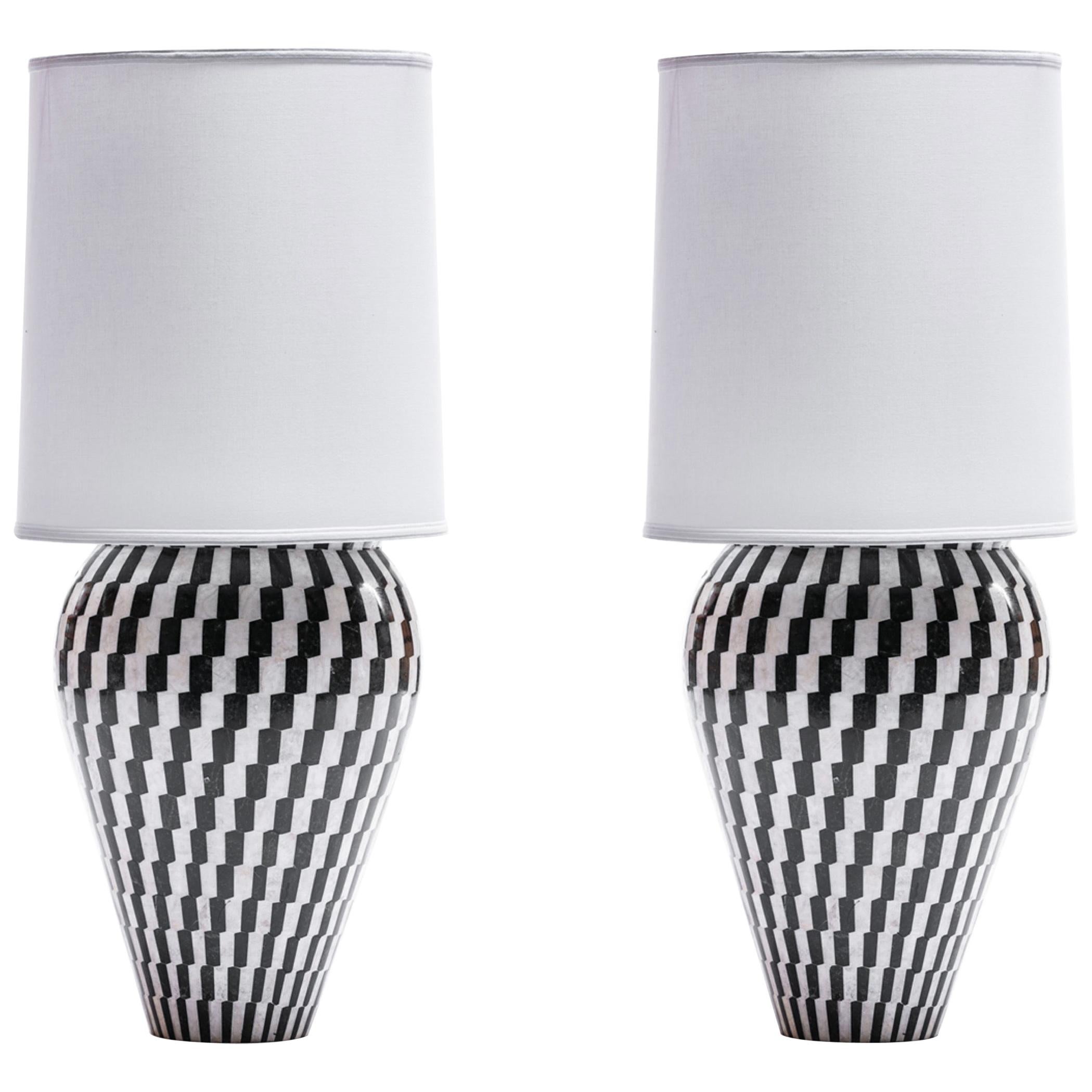 Pair of Monumental Custom Kelly Wearstler Lamps in Marble & Onyx