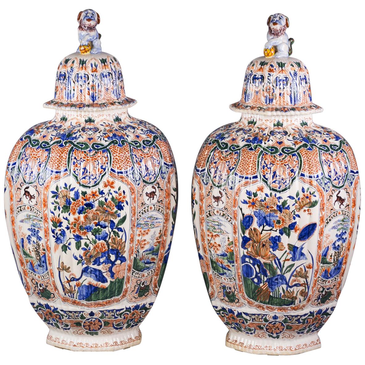 Pair of Monumental Delft Covered Temple Jars, circa 1880 For Sale