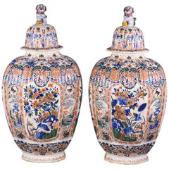 Antique Pair of Monumental Delft Covered Temple Jars, circa 1880