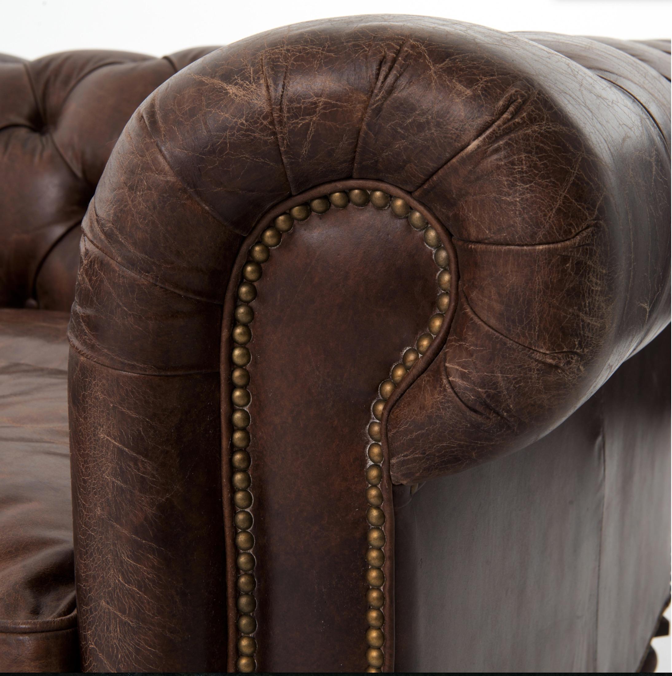 Pair of Monumental Distressed Leather Chesterfield Sofas. Priced Per Sofa. 2