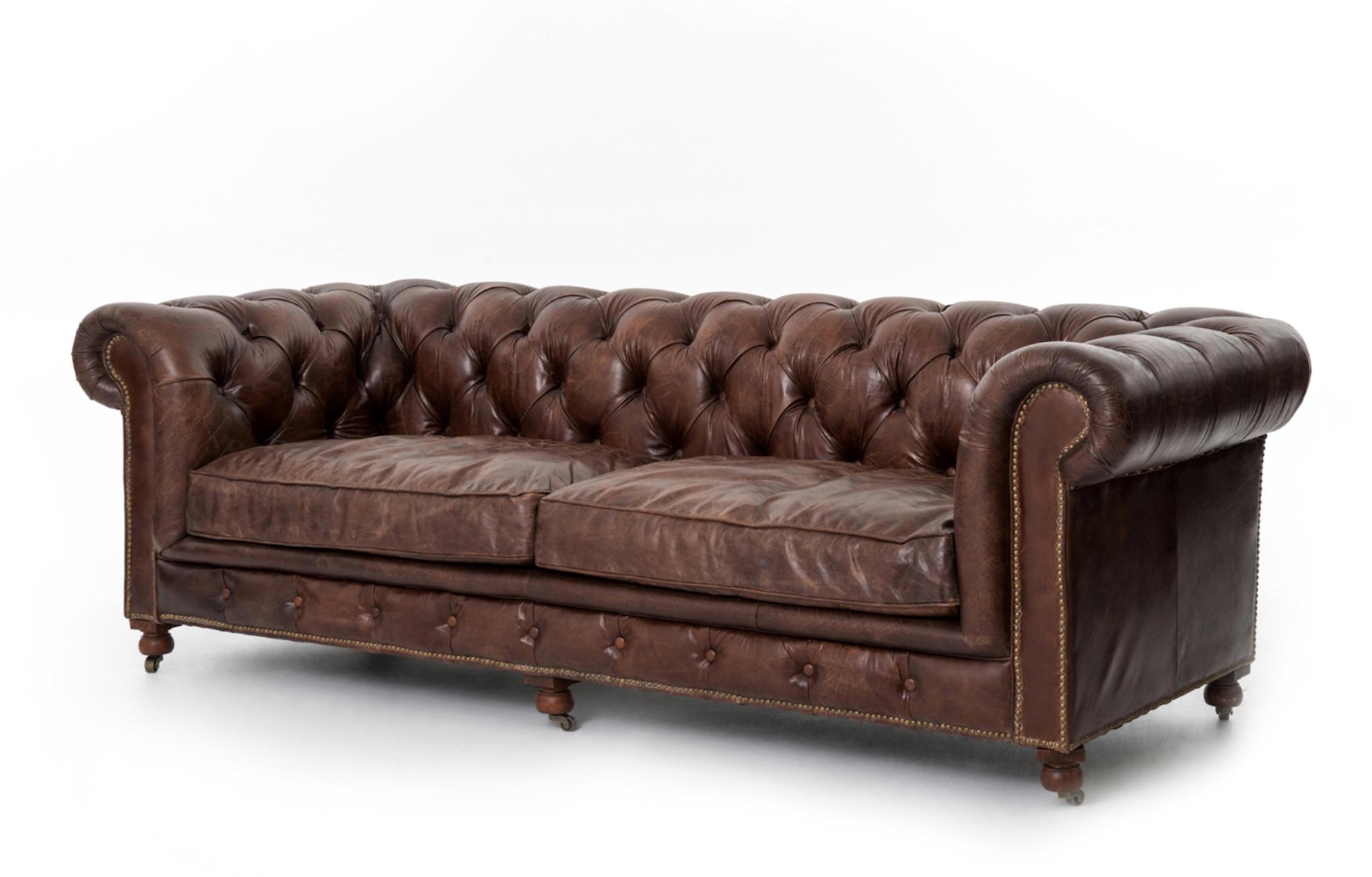 Pair of Monumental Distressed Leather Chesterfield Sofas. Priced Per Sofa. 8
