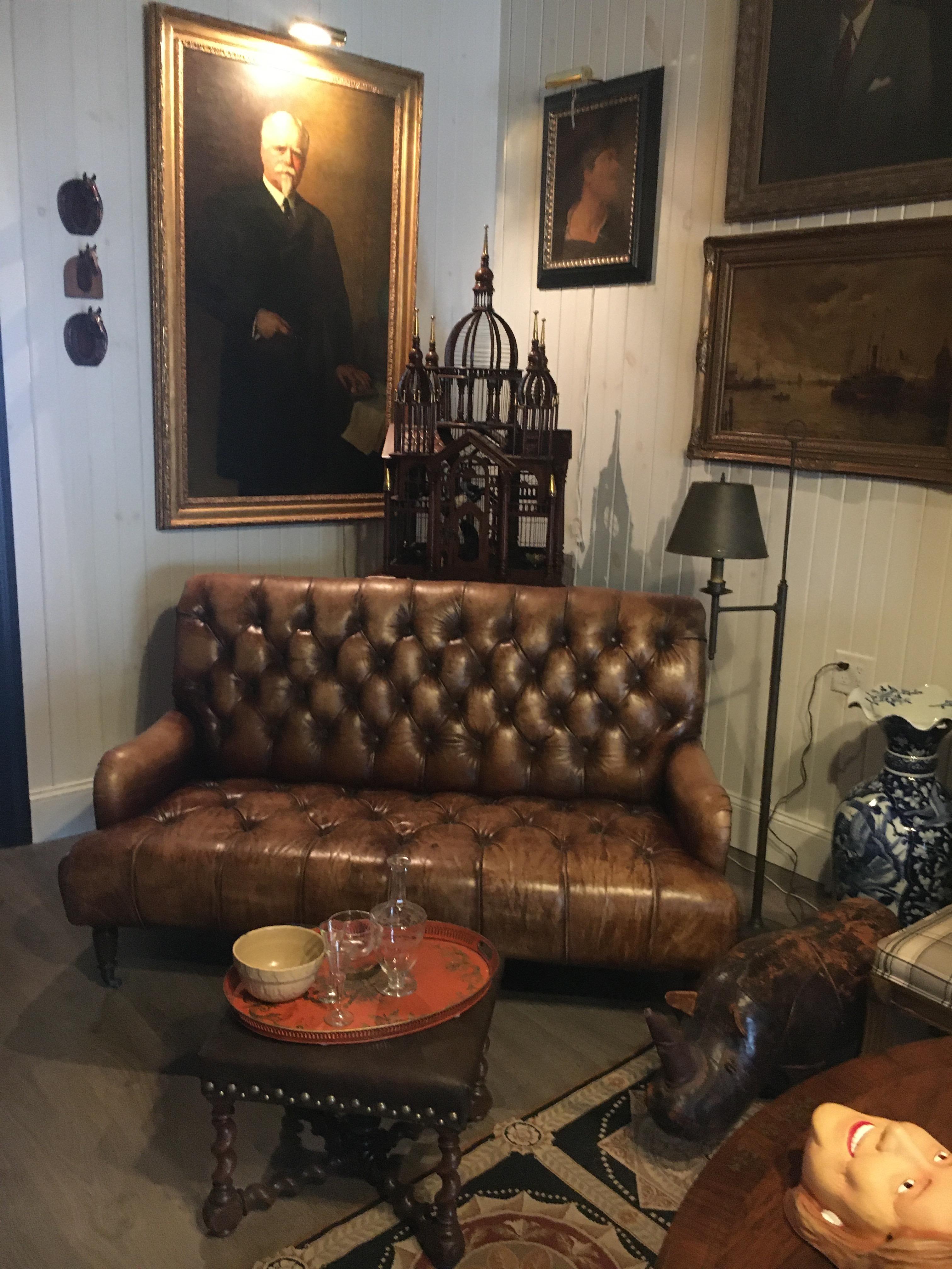 Pair of Monumental Distressed Leather Chesterfield Sofas. Priced Per Sofa. 9