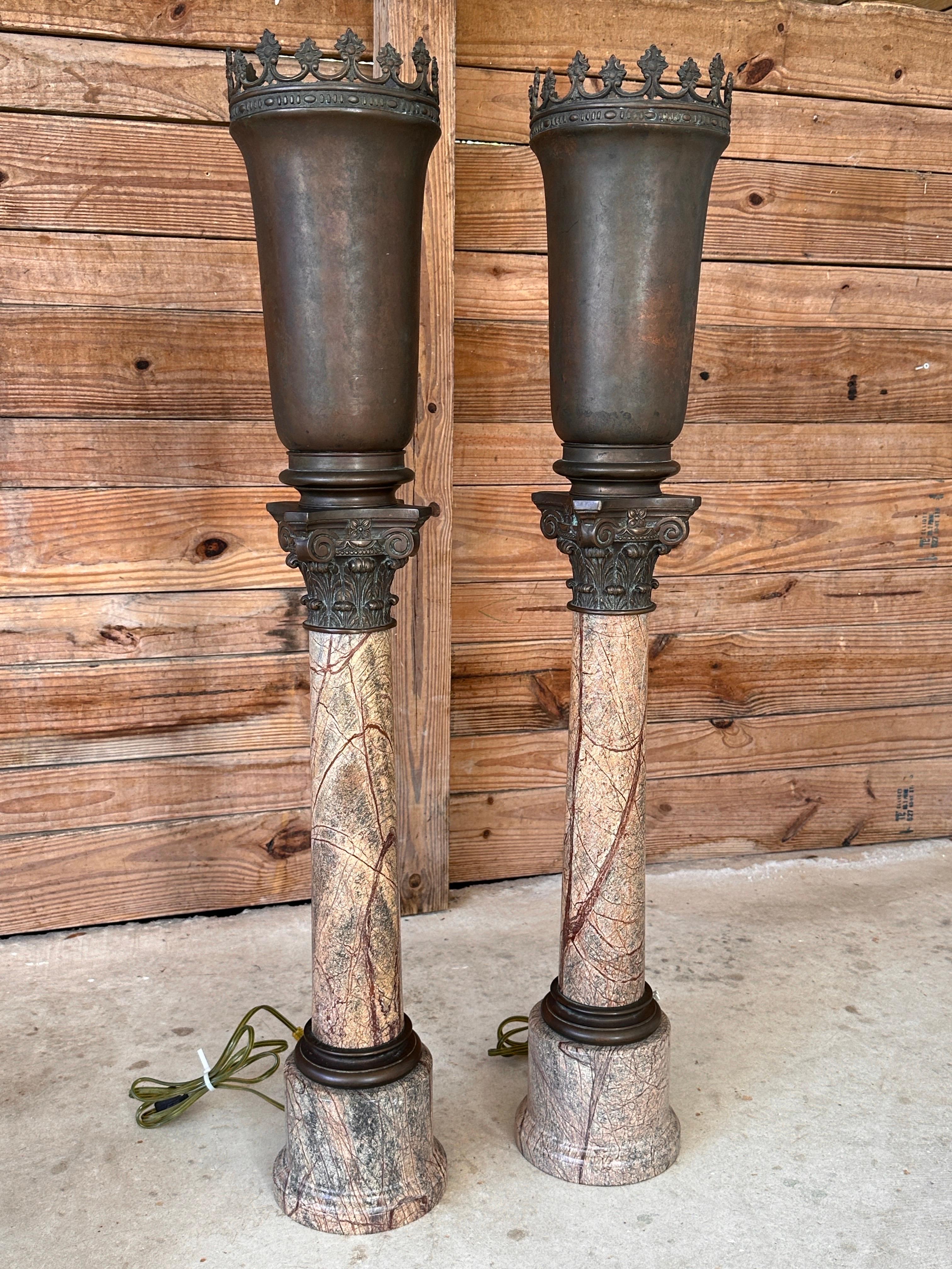 Pair of Monumental Early 20th Century Neoclassical Bronze and Marble Torchère La For Sale 13