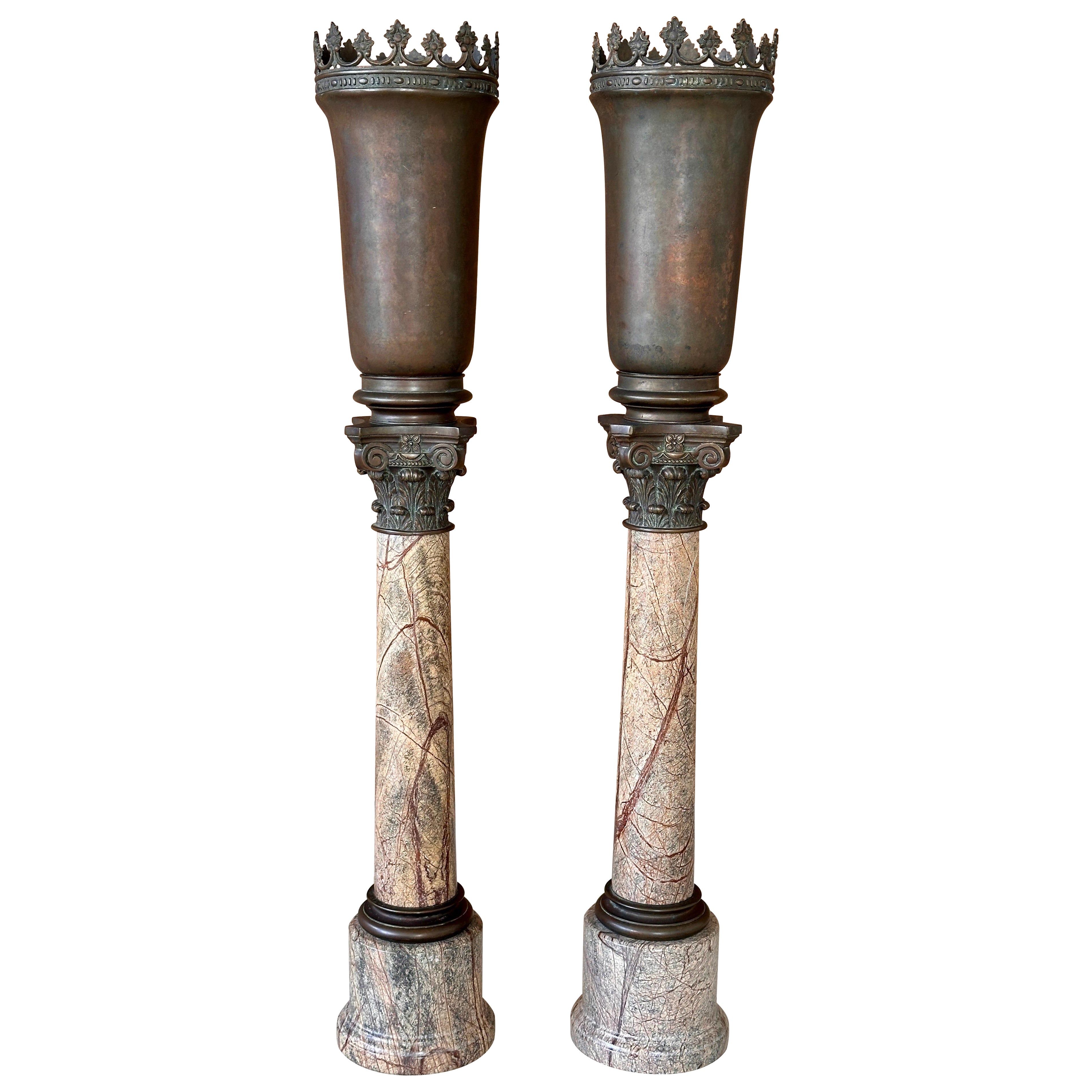Pair of Monumental Early 20th Century Neoclassical Bronze and Marble Torchère La
