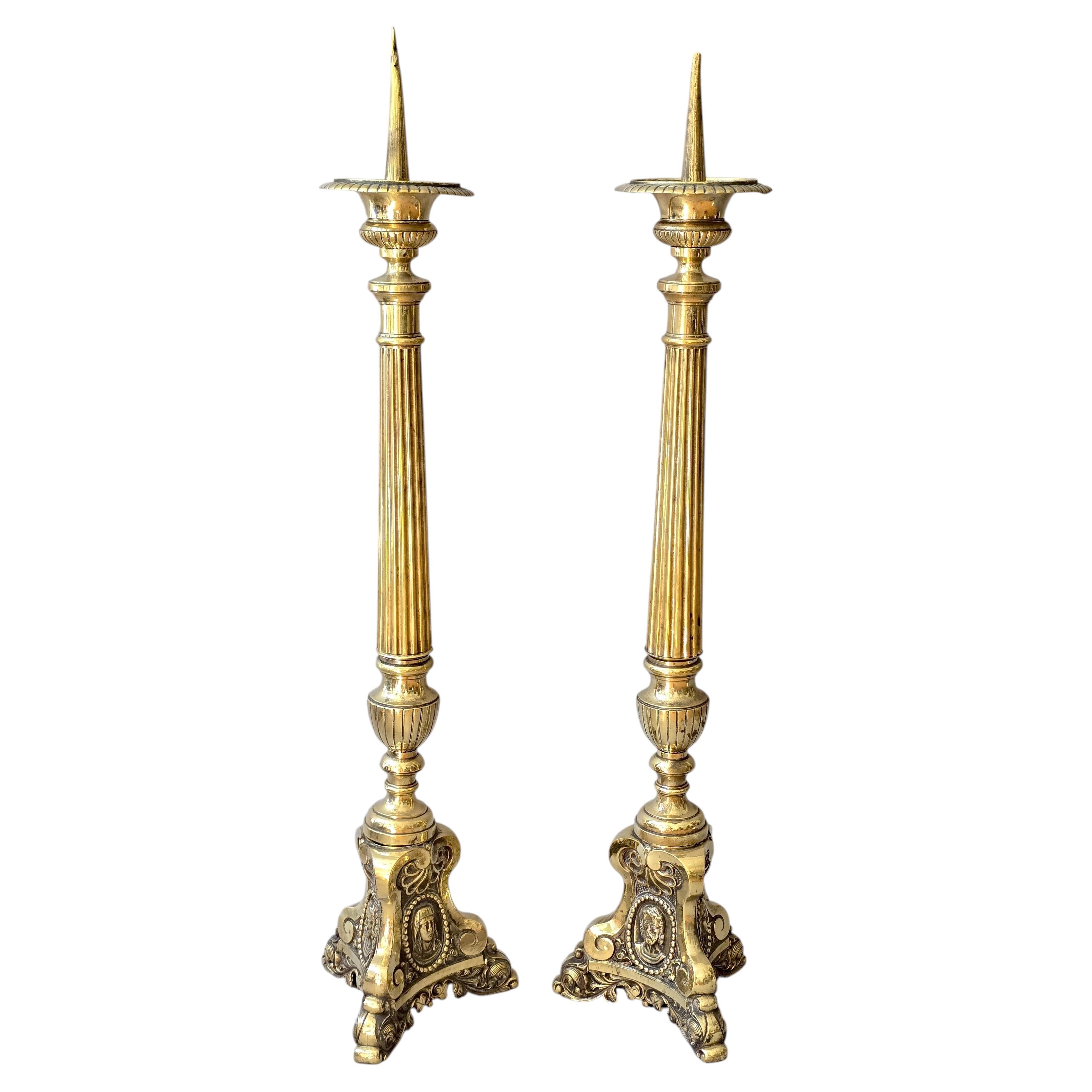Pair of Monumental Ecclesiastical Gilt Metal Altar Candlesticks, 19th Century