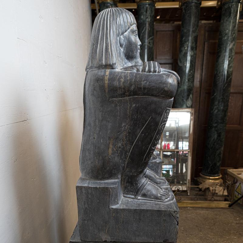 20th Century Pair of Monumental Egyptian Marble Block Statues with Plinths For Sale