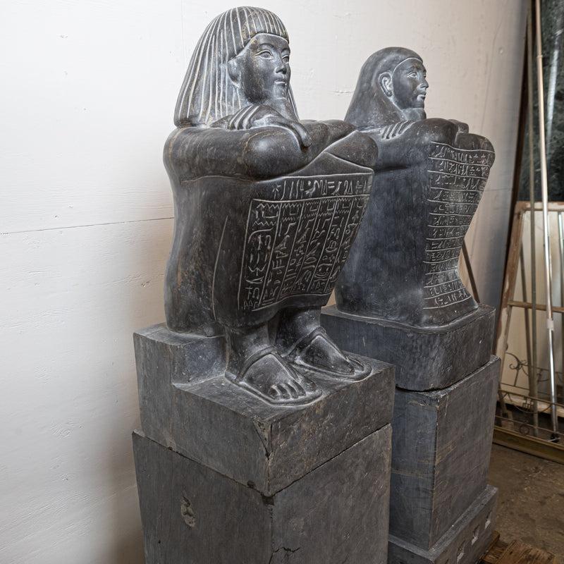Pair of Monumental Egyptian Marble Block Statues with Plinths For Sale 1