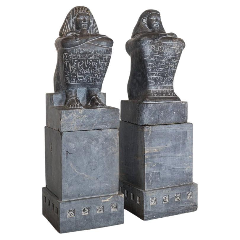Pair of Monumental Egyptian Marble Block Statues with Plinths