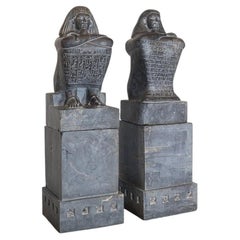 Used Pair of Monumental Egyptian Marble Block Statues with Plinths