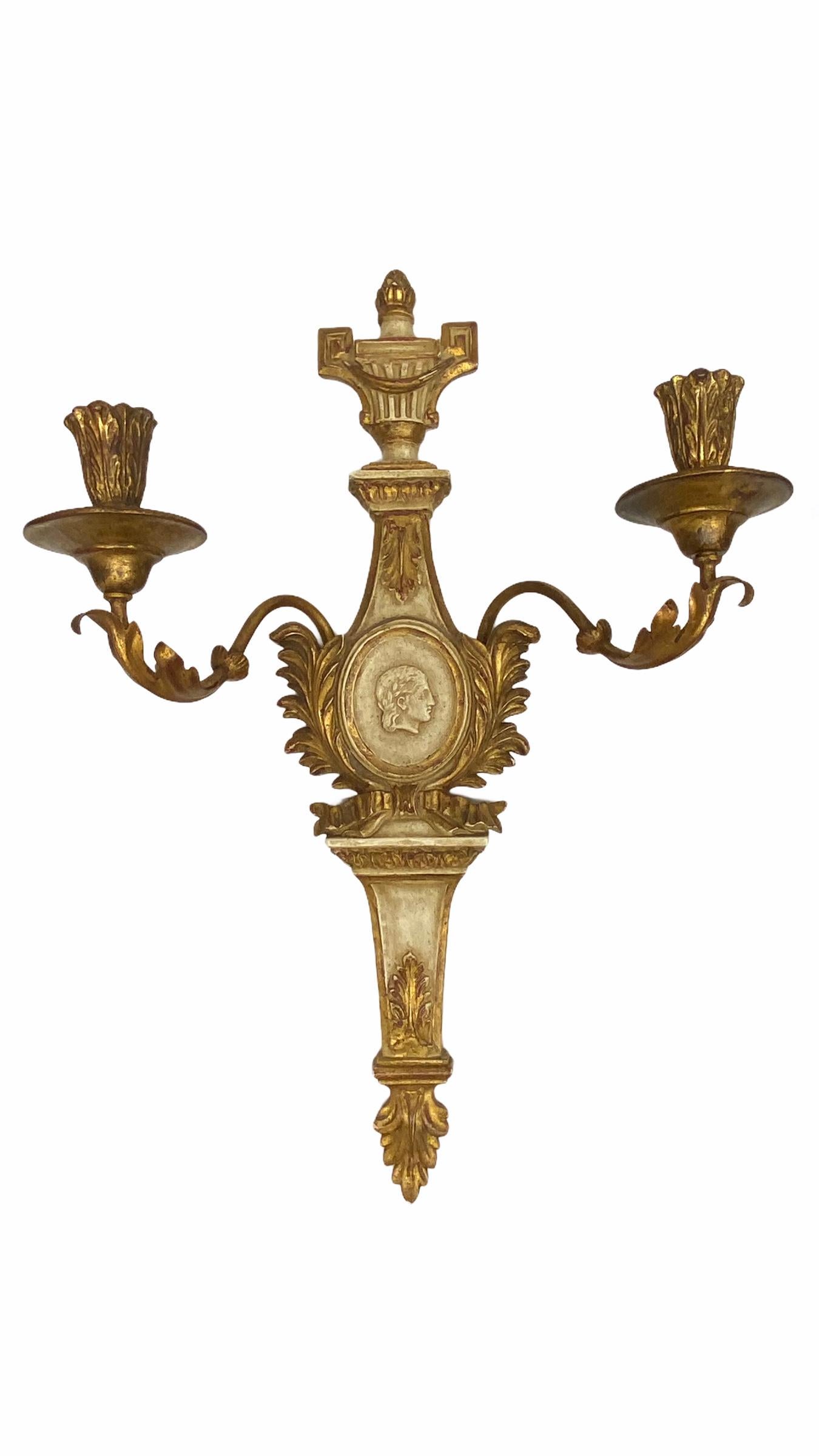 Italian Pair of Monumental Empire Style Candle Wall Sconces Candlestick, Italy, 1970s For Sale