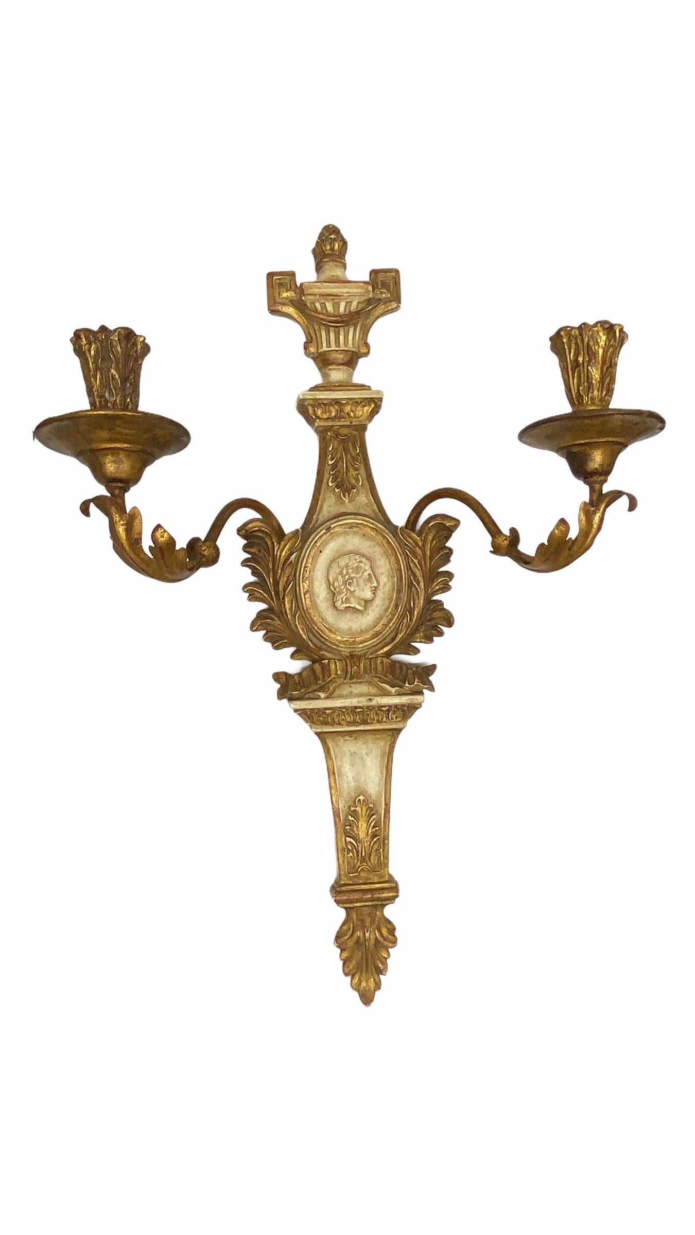 Gilt Pair of Monumental Empire Style Candle Wall Sconces Candlestick, Italy, 1970s For Sale