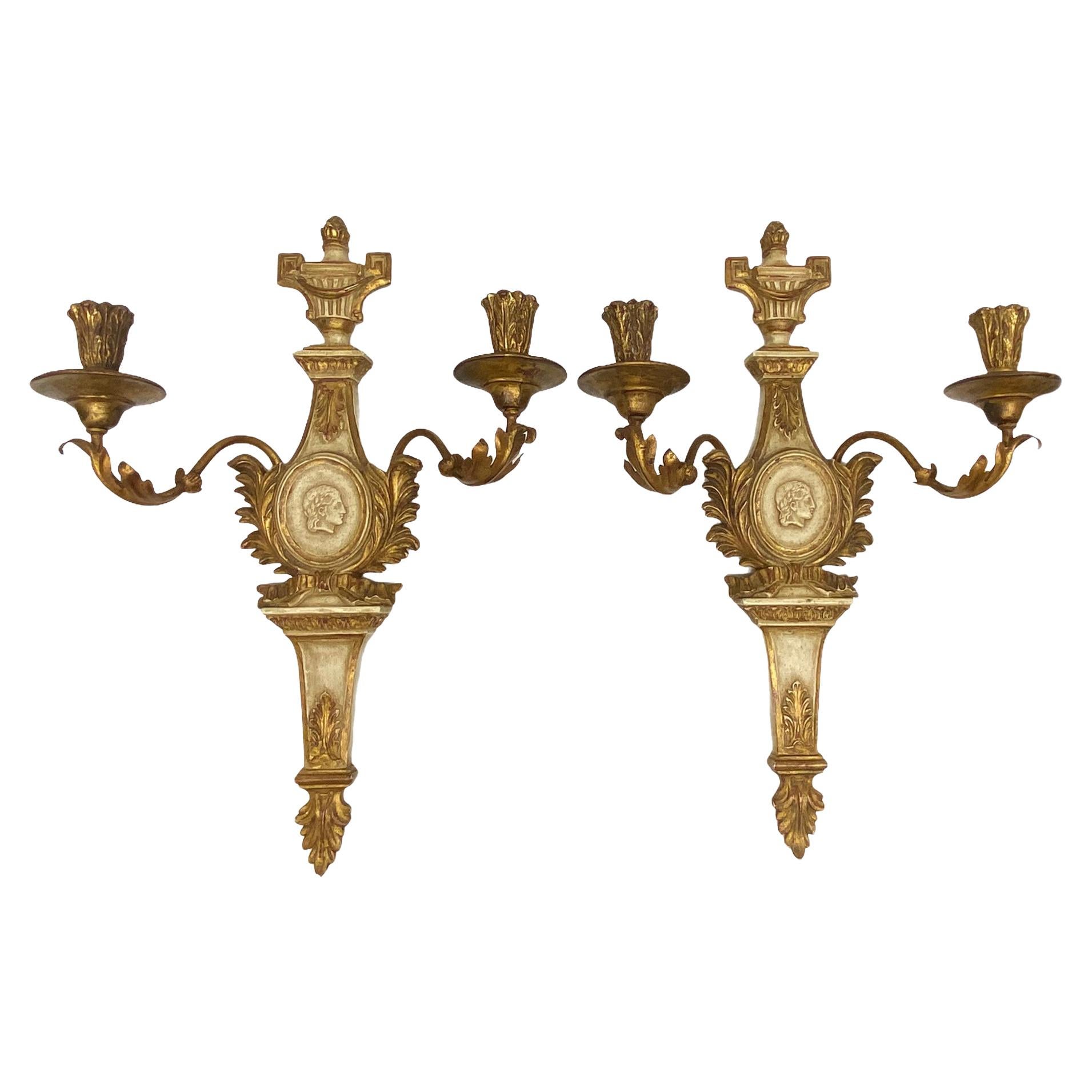 Pair of Monumental Empire Style Candle Wall Sconces Candlestick, Italy, 1970s For Sale