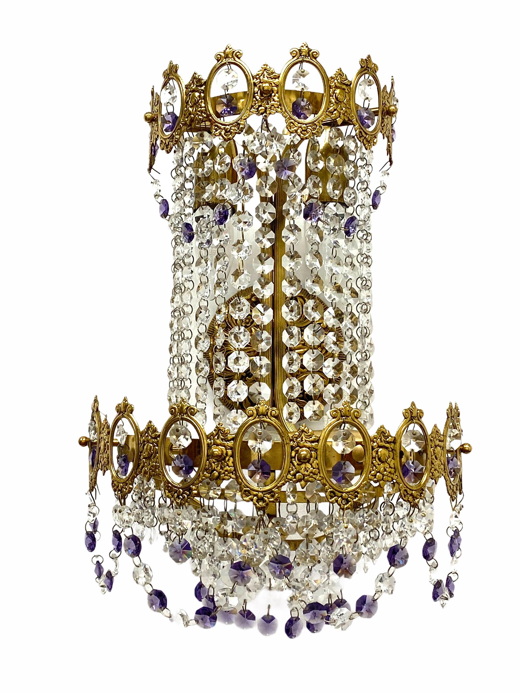 Austrian Pair of Monumental Empire Style Crystal and Bronze Sconces, Austria, 1930s For Sale