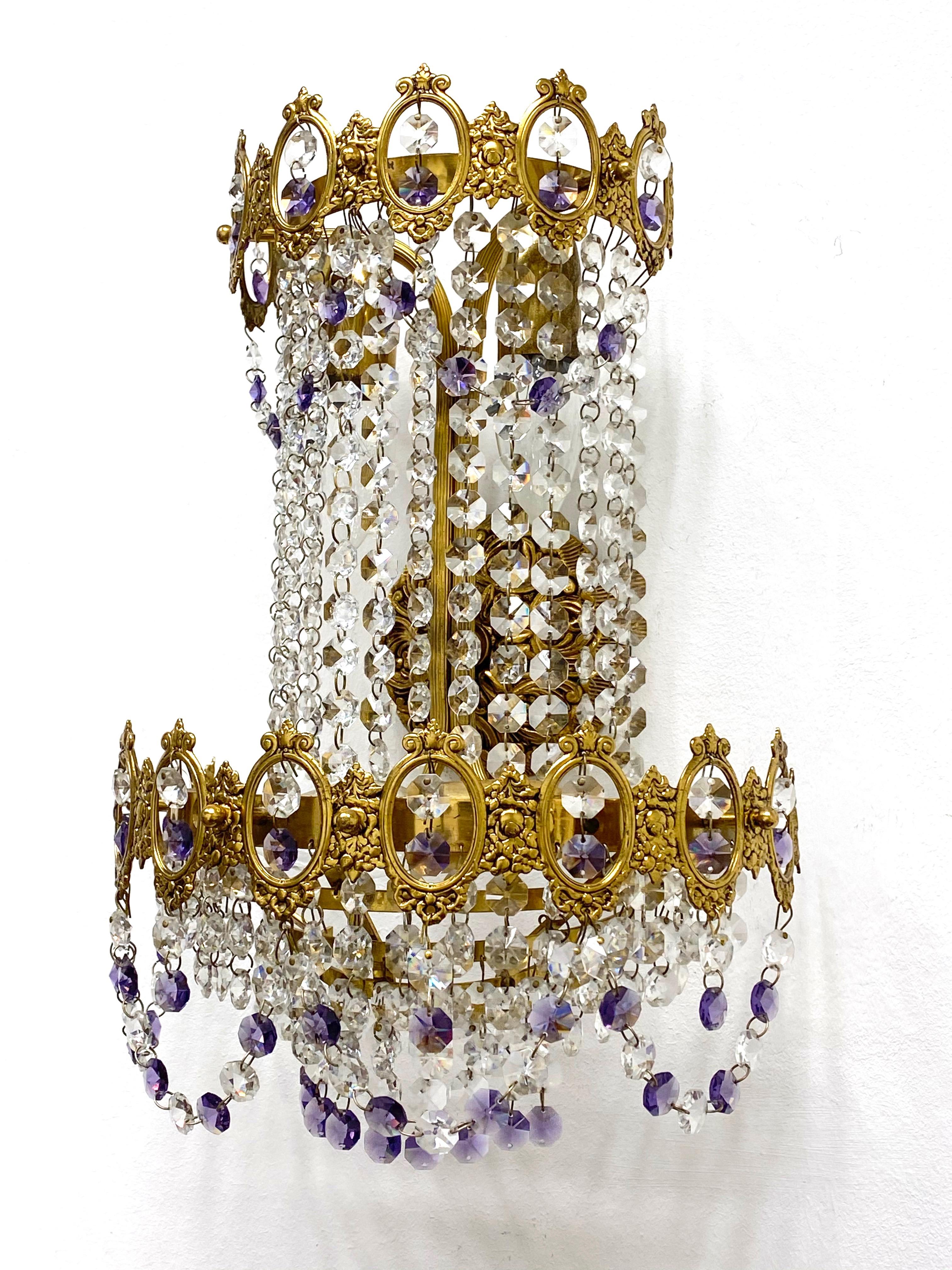 Gilt Pair of Monumental Empire Style Crystal and Bronze Sconces, Austria, 1930s For Sale