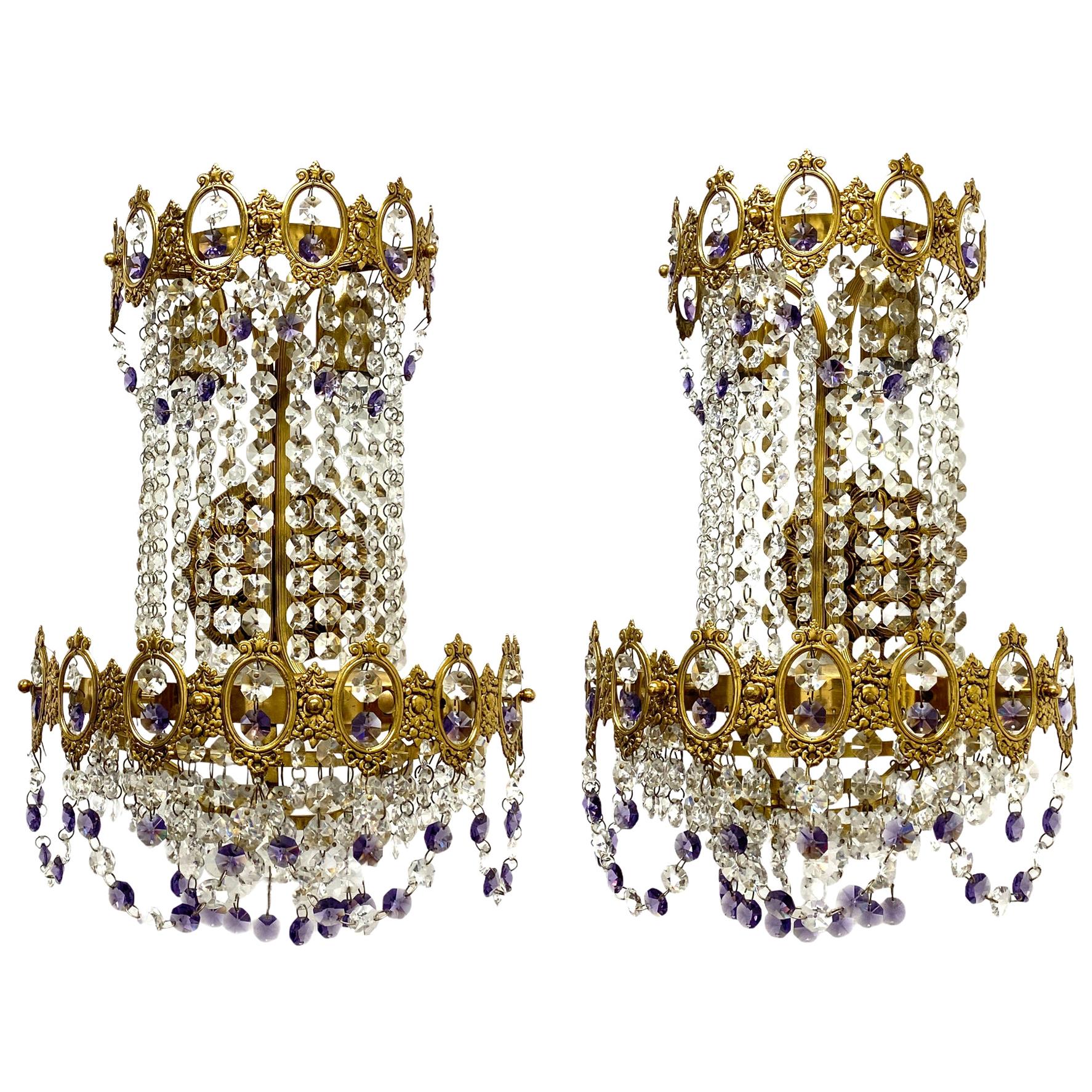 Pair of Monumental Empire Style Crystal and Bronze Sconces, Austria, 1930s