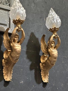 Pair of Monumental Empire Style Gilt Bronze Winged Cherub Wall Sconces