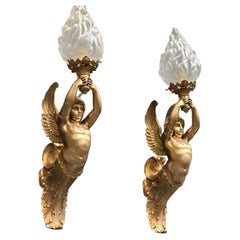 Pair of Monumental Empire Style Gilt Bronze Winged Cherub Wall Sconces