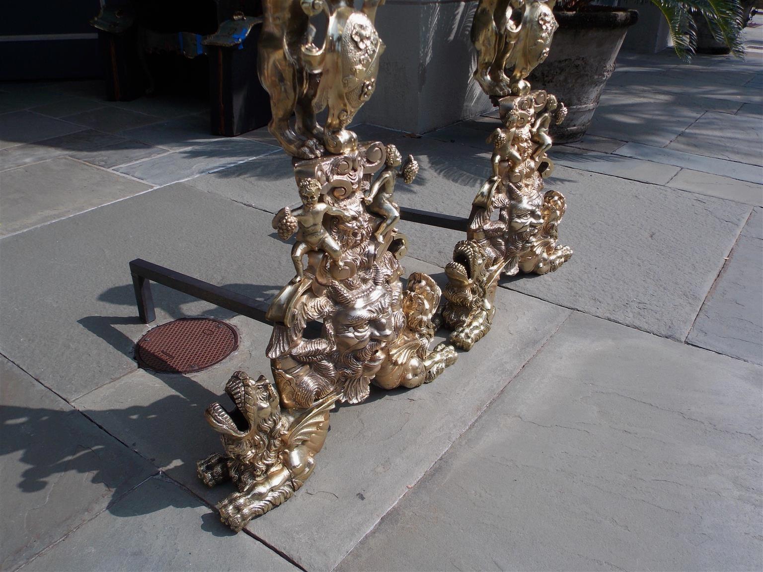 Early 19th Century Pair of Monumental English Brass Medallion Lion Andirons with Paw Feet, C. 1820