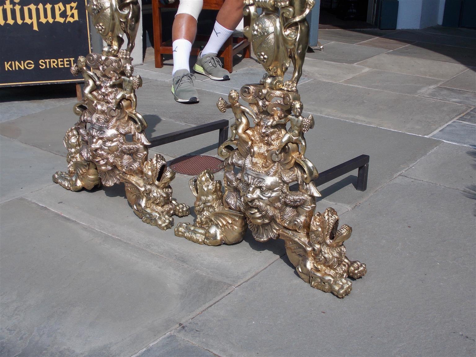 Pair of Monumental English Brass Medallion Lion Andirons with Paw Feet, C. 1820 1