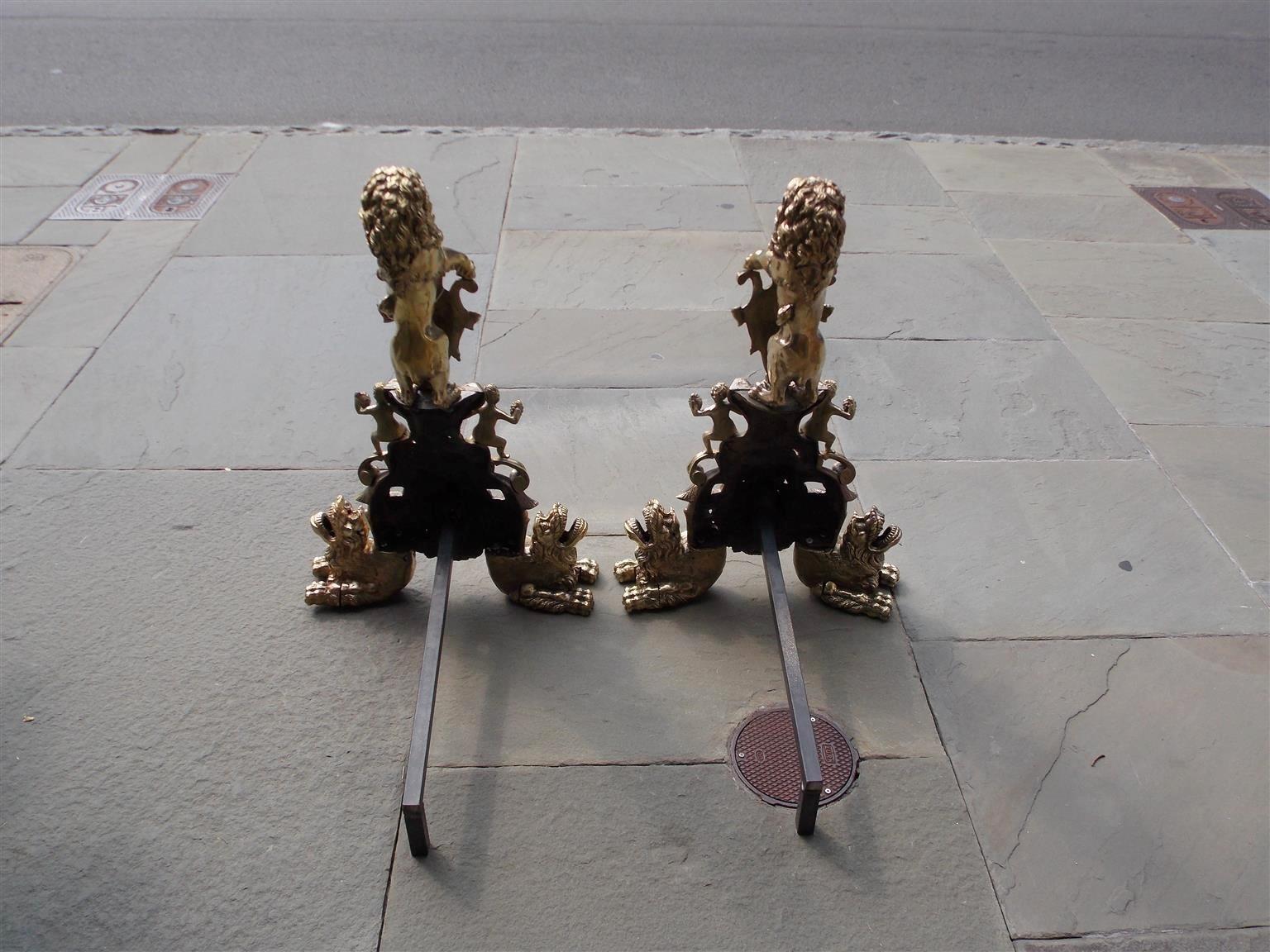 Pair of Monumental English Brass Medallion Lion Andirons with Paw Feet, C. 1820 3
