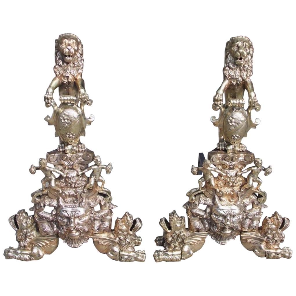 Pair of Monumental English Brass Medallion Lion Andirons with Paw Feet, C. 1820