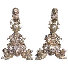 Antique Pair of Monumental English Brass Medallion Lion Andirons with Paw Feet, C. 1820