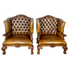 Pair of Monumental English Wingback Leather Armchairs