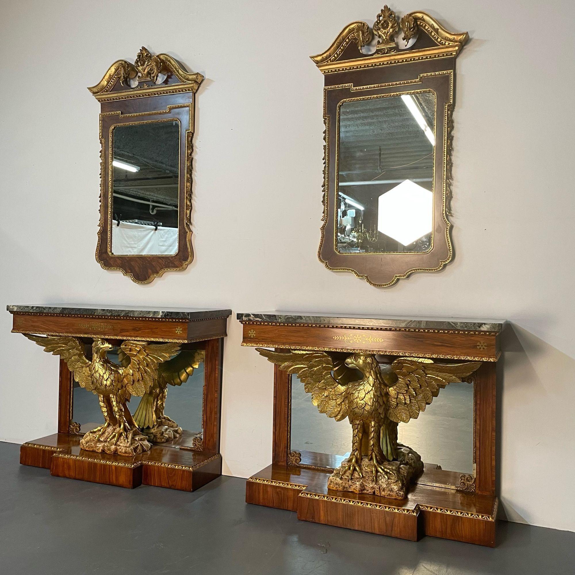 20th Century American Designer, Federal Consoles, Mahogany, Marble, Gold Gilt, Mirror, 1940s For Sale