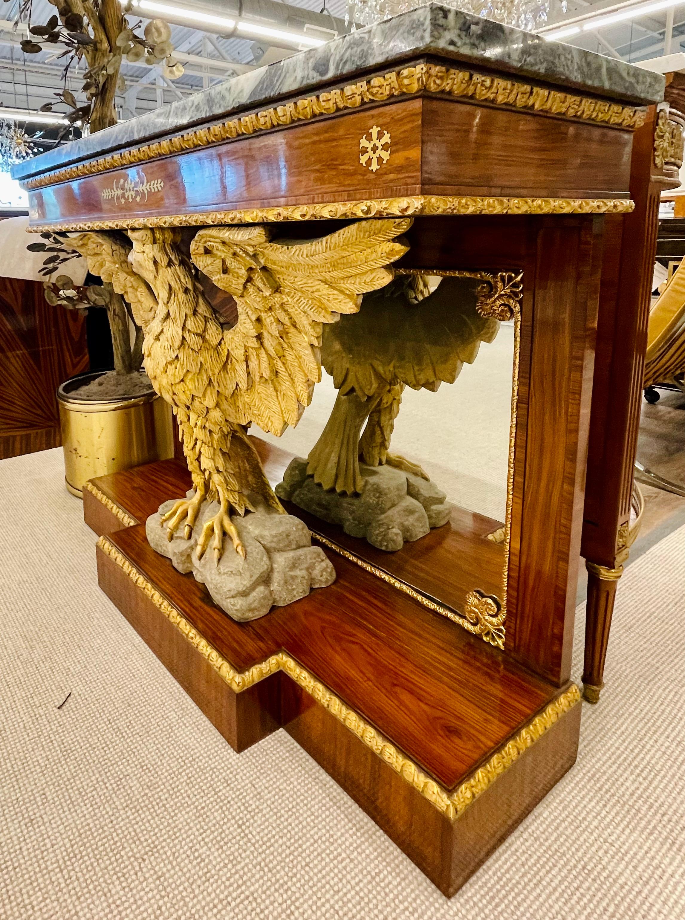 American Designer, Federal Consoles, Mahogany, Marble, Gold Gilt, Mirror, 1940s For Sale 5