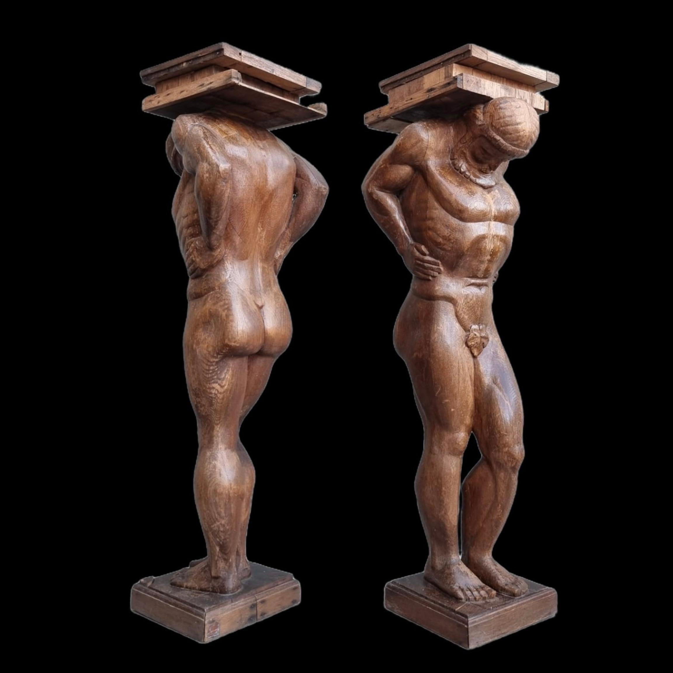 Art Deco Pair of Monumental Figural Supports Columns Representing Atlas or Hercules For Sale