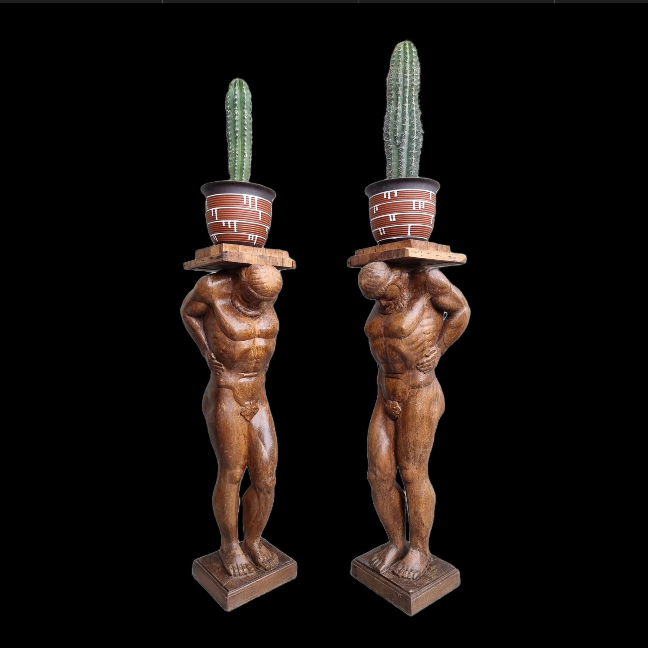 Hand-Carved Pair of Monumental Figural Supports Columns Representing Atlas or Hercules For Sale