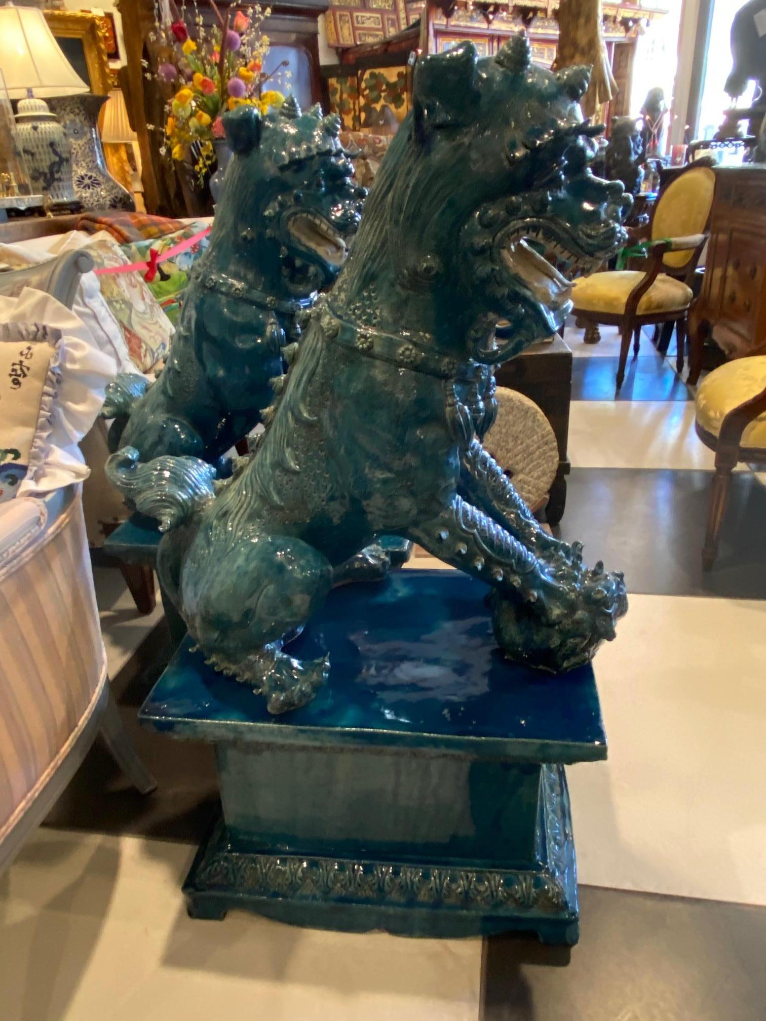 Molded Pair of Monumental Foo Dogs on Stands