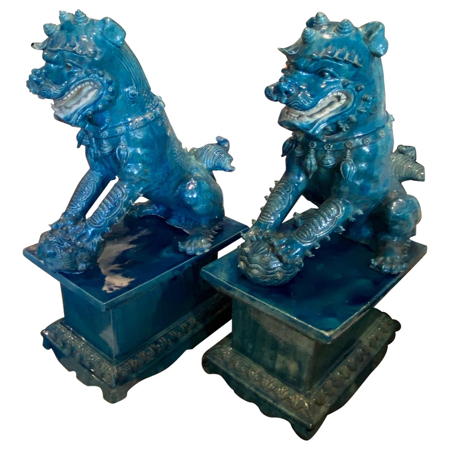 Pair of Monumental Foo Dogs on Stands