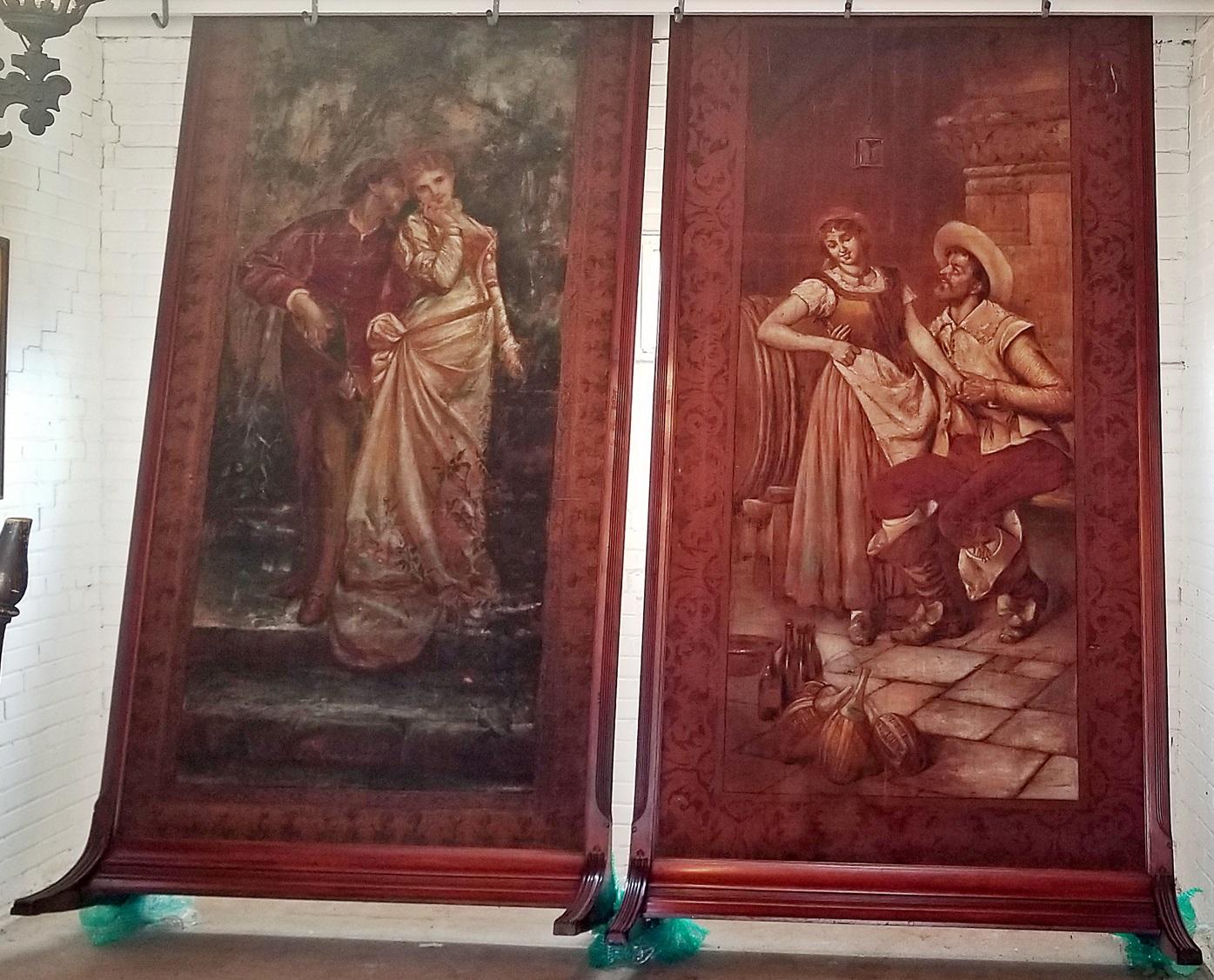 Pair of Monumental English Regency Framed Italian 18C Painted Tapestries For Sale 1
