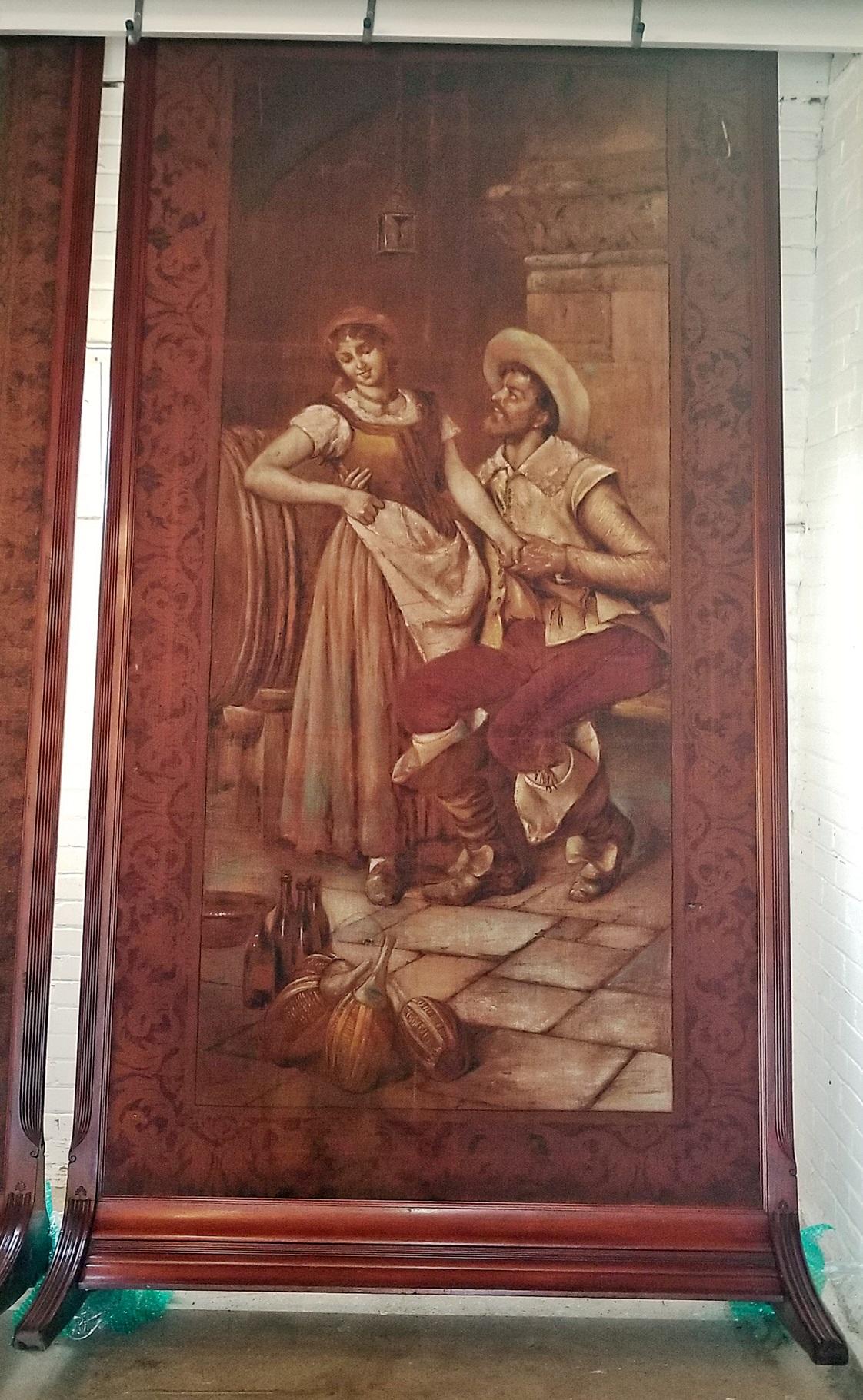 Pareja de monumentales tapices pintados italianos de la Regencia inglesa de 18C enmarcados en venta 7
