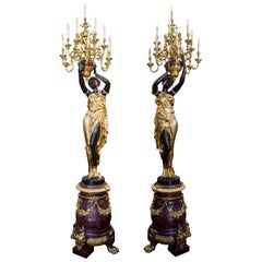 Pair of Monumental French Gilt and Patinated Bronze and Rouge Marble Torcheres