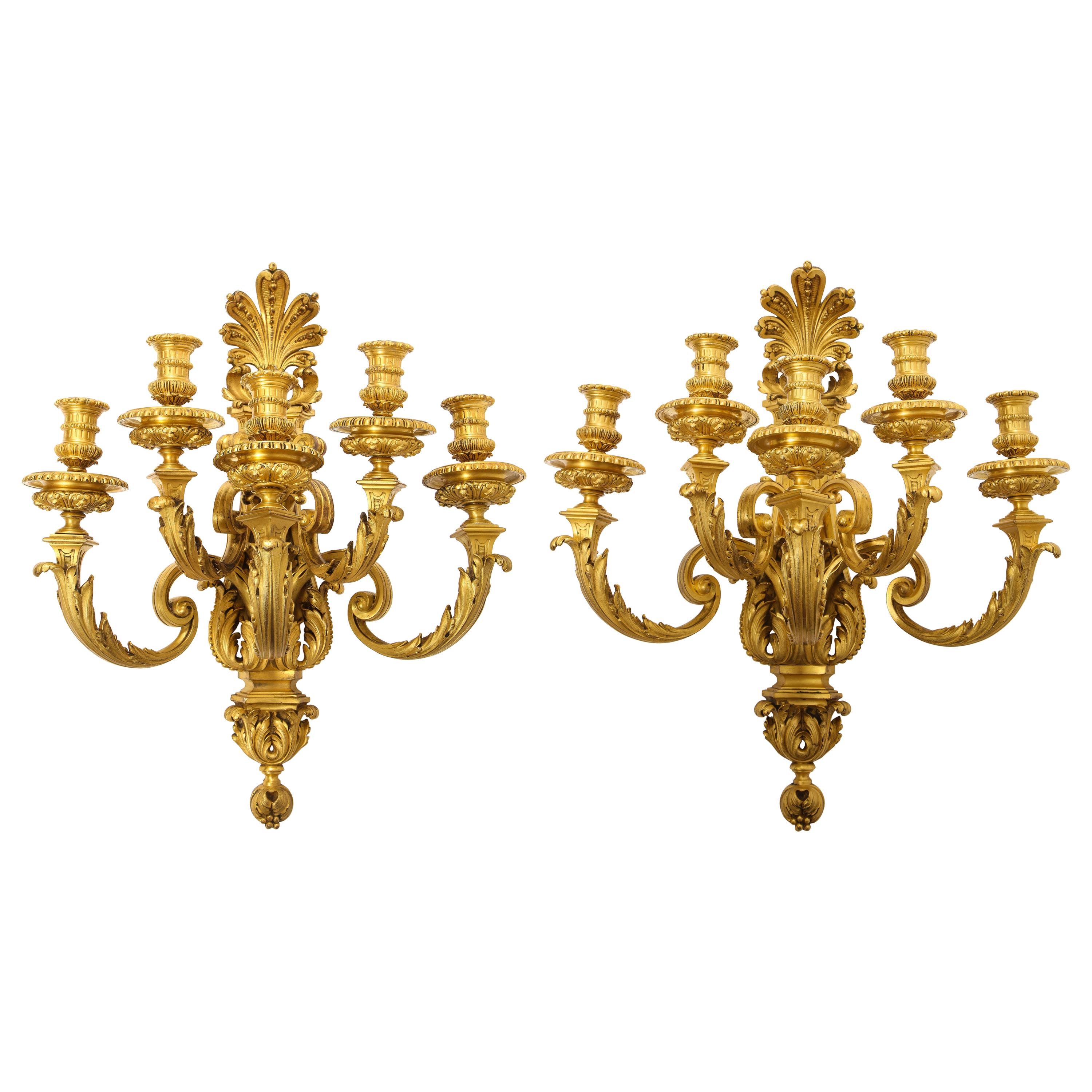 Pair of Monumental French Louis XVI Style Five-Arm Dore Bronze Sconces For Sale