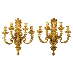 Pair of Monumental French Louis XVI Style Five-Arm Dore Bronze Sconces